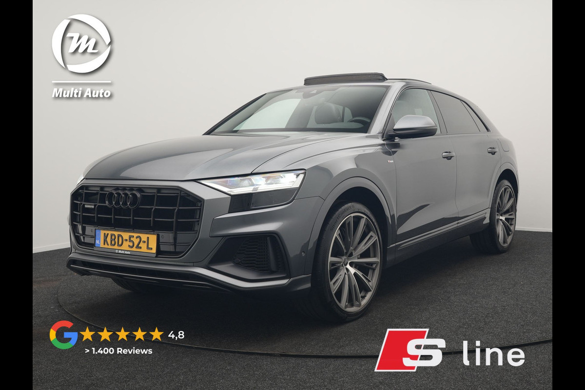 Audi Q8 55 TFSI e Quattro 2x S Line Black Optic PHEV 381pk Dealer O.H. | Trekhaak Af Fabriek | Luchtvering | Panodak | Bang & Olufsen Sound | Camera | Alcantara Sportstoelen Verwarmd | 23"L.M | Virtual | Navigatie | DAB | Plug In Hybrid |