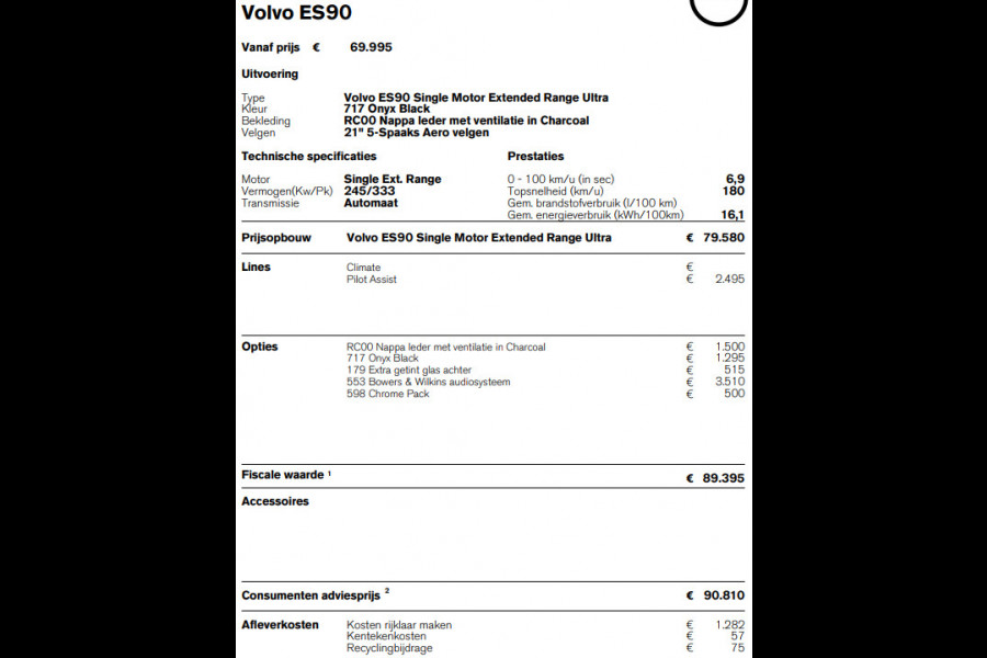 Volvo ES90 333PK Automaat Single Ext. Range Ultra Bowers & Wilkins/ Luchtvering/ Stoelventilatie/ Pilot assist/ Head-up display/ Gelaagd glas/ Stoelverwarming/ Massage/