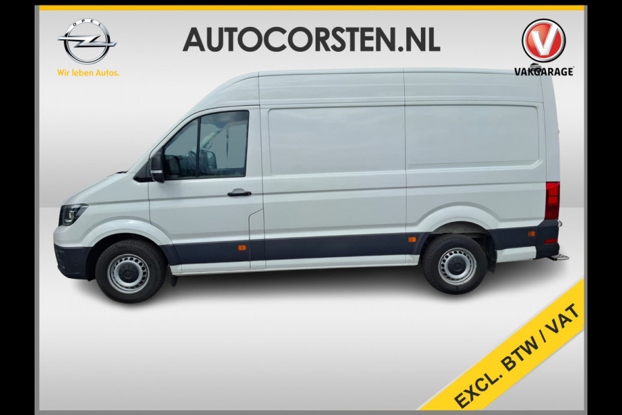 Volkswagen Crafter 35 2.0TDI 177pk! L3H3 EL Highline Trekhaak Camera Navi PDC-a+v Dab Treeplanken Schuifdeur Bluetooth EURO-6 CruiseControl Voorruitverwarming Betonplex-Vloer Wandbetimmering Aut.Verlichting Elek.Ramen/Spiegels Euro 6 Krachtige motor 177pk/410Nm zorgt voor 3.500 kg Trekgewicht!