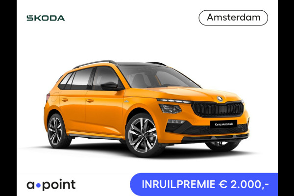 Škoda Kamiq Monte Carlo 1.0 TSI 115 pk 7 versn. DSG | 115 pk 7 vers. DSG | Wegklapbare Trekhaak | Navigatie Pakket | Travel Assist Plus | Winter Pakket | 18 inch Lichtmetalen Velgen Ursa Monte Carlo, Zwart