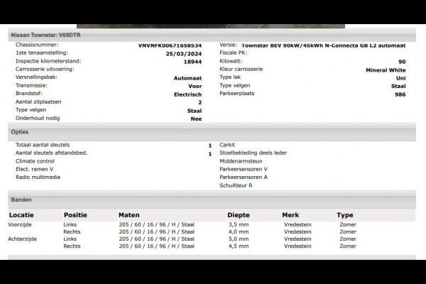 Nissan Townstar N-Connecta L2 45 kWh 100% EV. / Pdc.+Camera / Airco-ecc./ Radio-multimedia / Schuifdeur rechts / WLTP-actieradius: ca. 285 km / Apk 03-2028