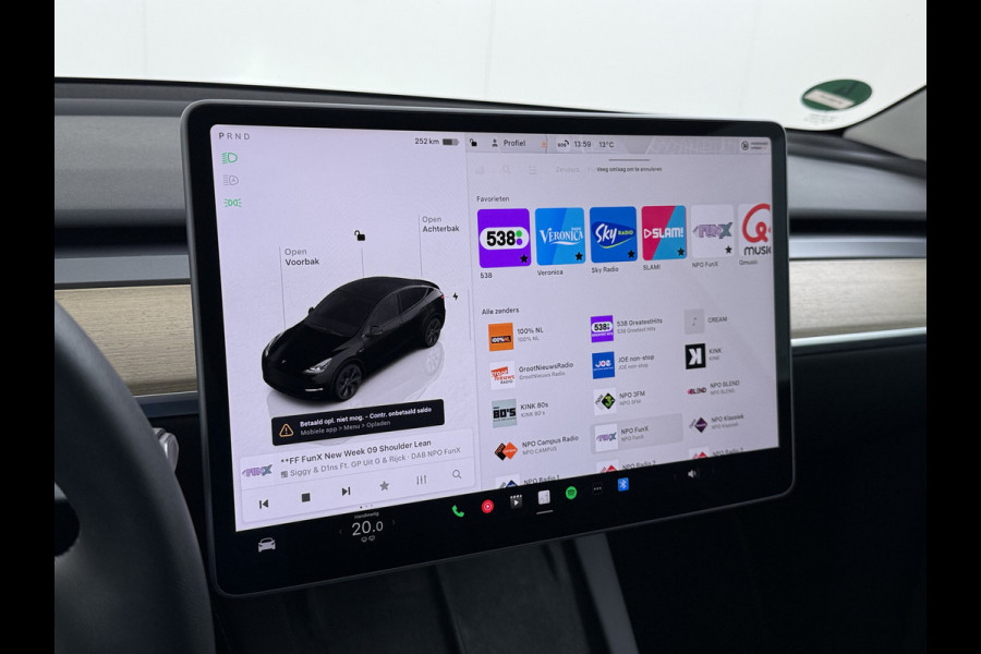 Tesla Model Y 300pk Warmtepomp LFP-Accu Leer Lmv Camera's Panoramadak Adap.Cruise Navi Ecc SOH 92% RWD Autopilot Stoel+Stuur+Achterbank Verwarming Elek.Achterklep Dodehoek detector Draadloze telefoonlader 1e Eigenaar Fabrieksgarantie op Motor en Accu tot 13-12-2030/160.000km 1.600KG-Trekvermogen