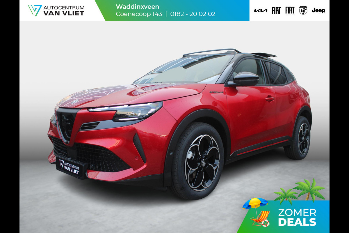 Alfa Romeo junior Elettrica Speciale 54 kWh | 17% Bijtelling | Schuif/Kanteldak | Pack Techno | Brera Red | Dak Zwart