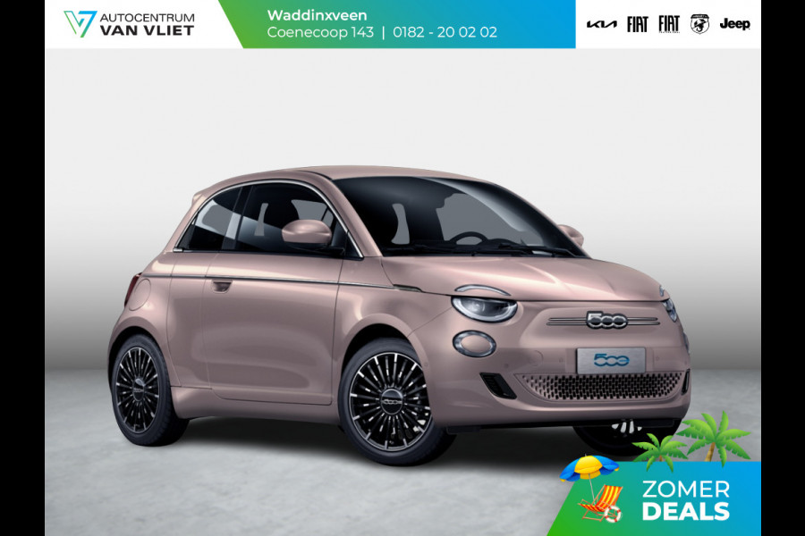Fiat 500E 3+1 La Prima 42 kWh | 17% Bijtelling | Clima | Cruise | Leder | 17" | Priv Glass | Winter Pack | JBL Sound | BSM | Apple Carplay