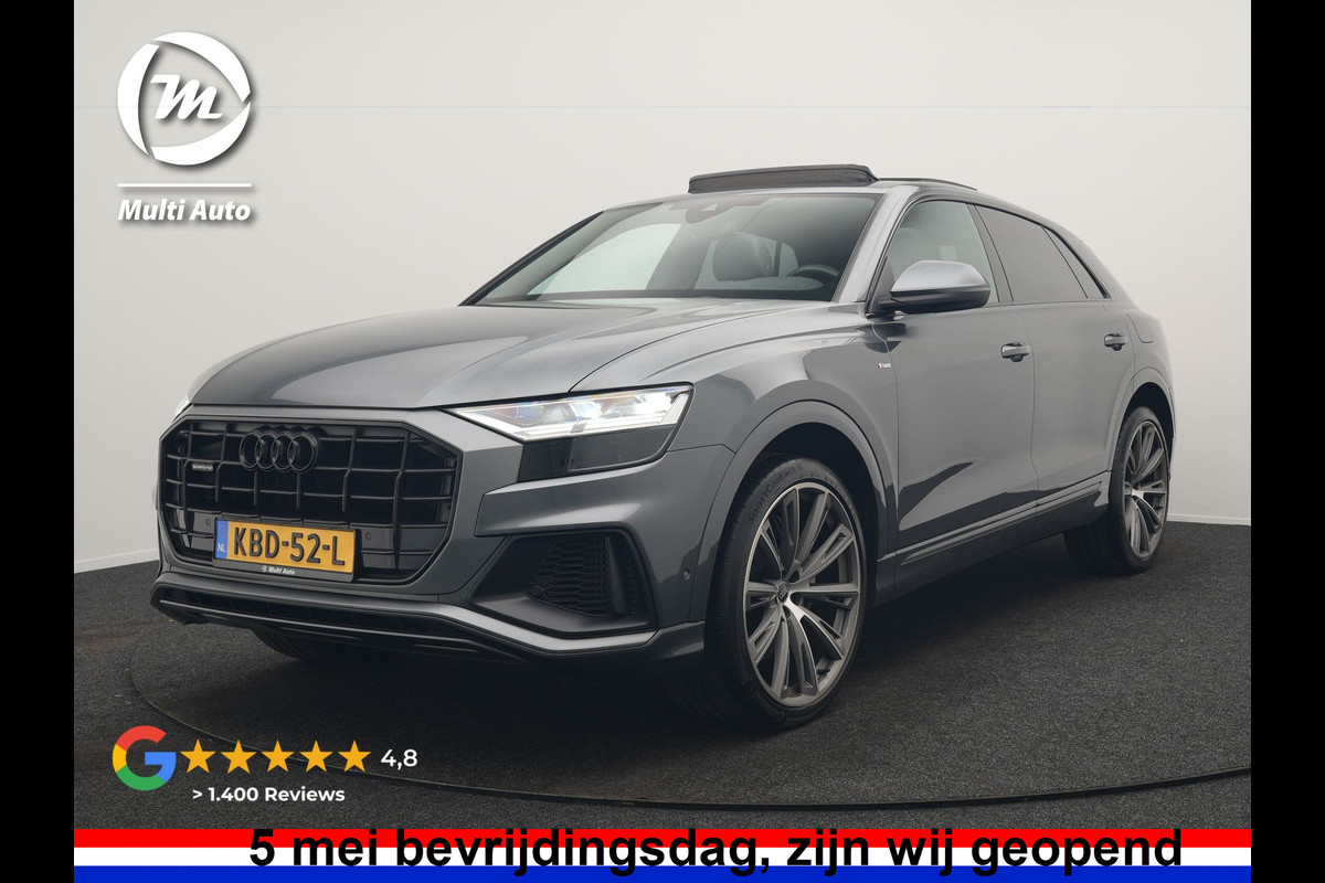 Audi Q8 55 TFSI e Quattro 2x S Line Black Optic PHEV 381pk Dealer O.H. | Trekhaak Af Fabriek | Luchtvering | Panodak | Bang & Olufsen Sound | Camera | Alcantara Sportstoelen Verwarmd | 23"L.M | Virtual | Navigatie | DAB | Plug In Hybrid |