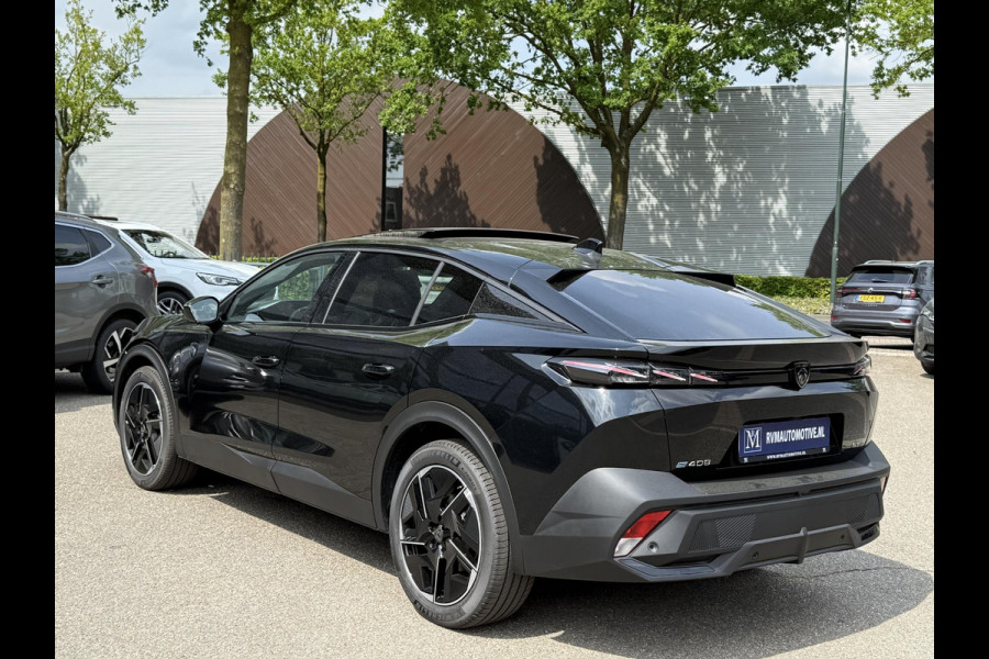 Peugeot e-408 GT 58 kWh NIEUWE AUTO 13KM!| FULL OPTION| PANO| FOCAL AUDIO| 360 CAMERA| ELEKTRISCHE ACHTERKLEP| ELEK. STOELEN| STOEL + STUURVERWARMING MET MASSAGE|