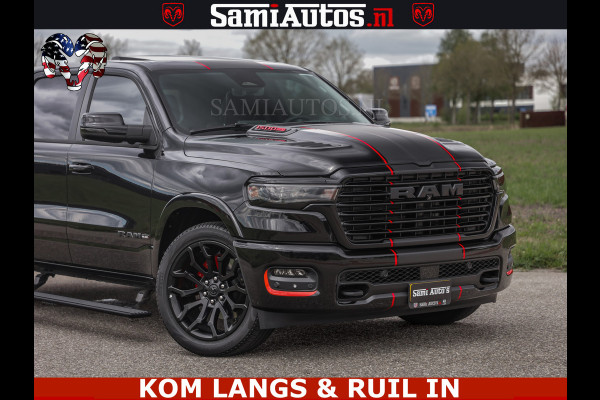 Dodge Ram NIGHT PREMIUM | 426PK | STRIPING | LUCHTVERING | HUD | PANO | 360 CAM | Full Option | LIMITED WHEELS | De Meest Luxe Pick-Up in  Comfortabele Dubbele Cabine met Royale 5 Zitplaatsen | EERSTE EIGENAAR | SMOKE PACK | BOM VOL |