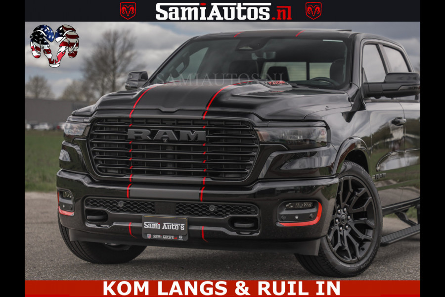 Dodge Ram NIGHT PREMIUM | 426PK | STRIPING | LUCHTVERING | HUD | PANO | 360 CAM | Full Option | LIMITED WHEELS | De Meest Luxe Pick-Up in  Comfortabele Dubbele Cabine met Royale 5 Zitplaatsen | EERSTE EIGENAAR | SMOKE PACK | BOM VOL |