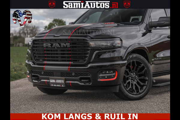 Dodge Ram NIGHT PREMIUM | 426PK | STRIPING | LUCHTVERING | HUD | PANO | 360 CAM | Full Option | LIMITED WHEELS | De Meest Luxe Pick-Up in  Comfortabele Dubbele Cabine met Royale 5 Zitplaatsen | EERSTE EIGENAAR | SMOKE PACK | BOM VOL |
