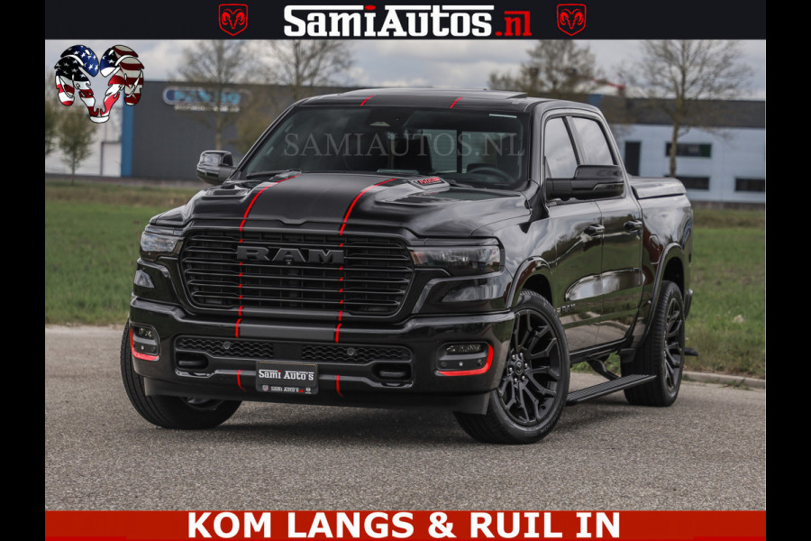 Dodge Ram NIGHT PREMIUM | 426PK | STRIPING | LUCHTVERING | HUD | PANO | 360 CAM | Full Option | LIMITED WHEELS | De Meest Luxe Pick-Up in  Comfortabele Dubbele Cabine met Royale 5 Zitplaatsen | EERSTE EIGENAAR | SMOKE PACK | BOM VOL |