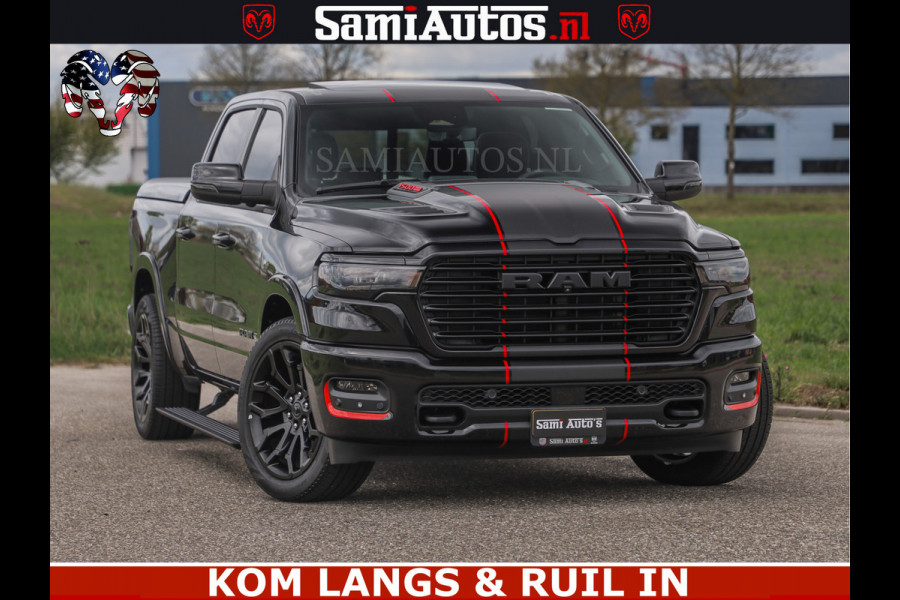 Dodge Ram NIGHT PREMIUM | 426PK | STRIPING | LUCHTVERING | HUD | PANO | 360 CAM | Full Option | LIMITED WHEELS | De Meest Luxe Pick-Up in  Comfortabele Dubbele Cabine met Royale 5 Zitplaatsen | EERSTE EIGENAAR | SMOKE PACK | BOM VOL |