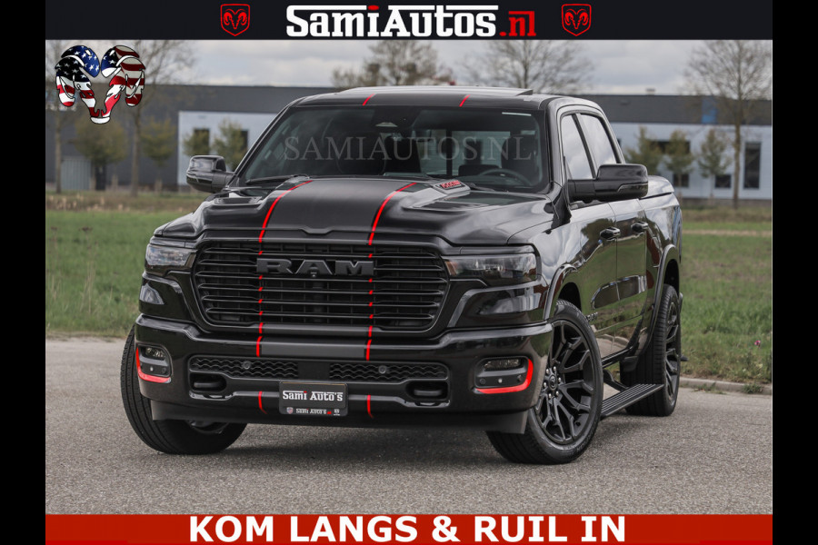 Dodge Ram NIGHT PREMIUM | 426PK | STRIPING | LUCHTVERING | HUD | PANO | 360 CAM | Full Option | LIMITED WHEELS | De Meest Luxe Pick-Up in  Comfortabele Dubbele Cabine met Royale 5 Zitplaatsen | EERSTE EIGENAAR | SMOKE PACK | BOM VOL |