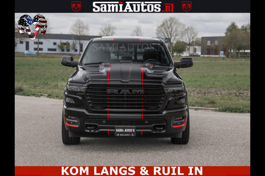 Dodge Ram NIGHT PREMIUM | 426PK | STRIPING | LUCHTVERING | HUD | PANO | 360 CAM | Full Option | LIMITED WHEELS | De Meest Luxe Pick-Up in  Comfortabele Dubbele Cabine met Royale 5 Zitplaatsen | EERSTE EIGENAAR | SMOKE PACK | BOM VOL |