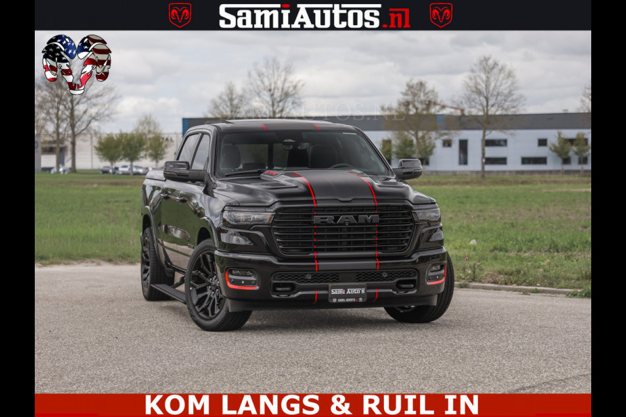 Dodge Ram NIGHT PREMIUM | 426PK | STRIPING | LUCHTVERING | HUD | PANO | 360 CAM | Full Option | LIMITED WHEELS | De Meest Luxe Pick-Up in  Comfortabele Dubbele Cabine met Royale 5 Zitplaatsen | EERSTE EIGENAAR | SMOKE PACK | BOM VOL |