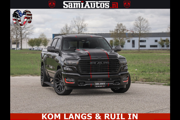 Dodge Ram NIGHT PREMIUM | 426PK | STRIPING | LUCHTVERING | HUD | PANO | 360 CAM | Full Option | LIMITED WHEELS | De Meest Luxe Pick-Up in  Comfortabele Dubbele Cabine met Royale 5 Zitplaatsen | EERSTE EIGENAAR | SMOKE PACK | BOM VOL |