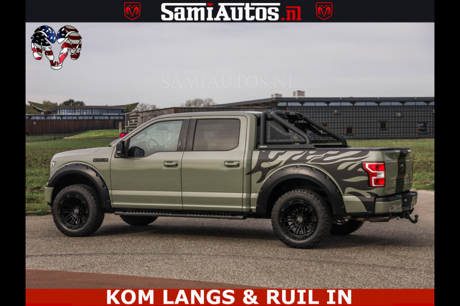 Ford USA F-150 5.0 V8 4X4 | MAT OLIVE GREEN | ZEER DIK | CAMERA | 3500KG | PANORAMA | LEDER | GO RHINO ROLLBAR | CRUISE CONTROL | PRINS LPG | BAKFLIP COVER | Deze pick-up is leverbaar met zowel een groot rijbewijs (C) als een klein rijbewijs (B). Laat ons weten wat jouw voorkeur is.