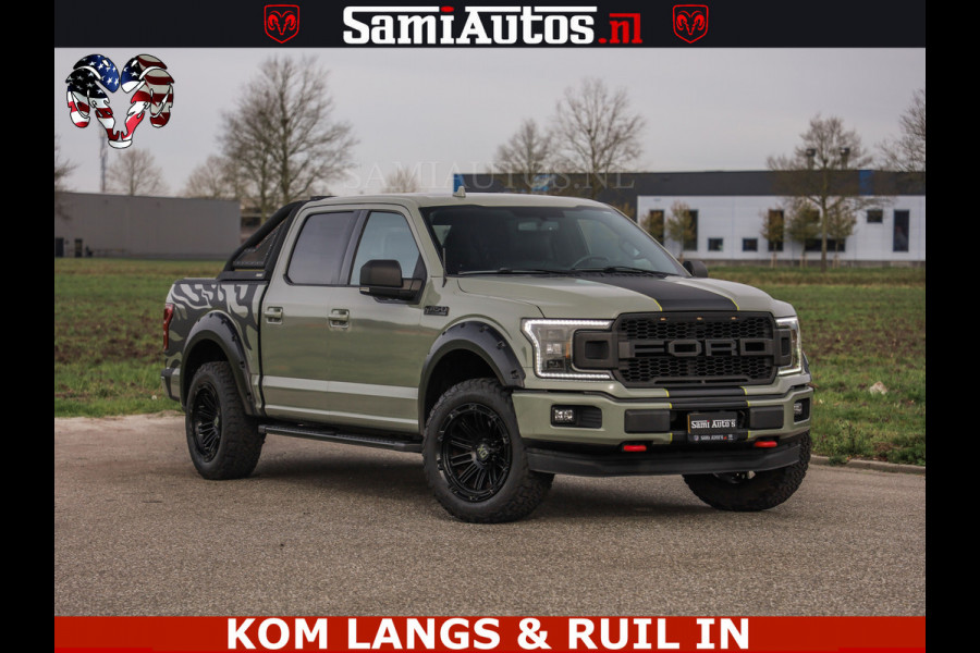 Ford USA F-150 5.0 V8 4X4 | MAT OLIVE GREEN | ZEER DIK | CAMERA | 3500KG | PANORAMA | LEDER | GO RHINO ROLLBAR | CRUISE CONTROL | PRINS LPG | BAKFLIP COVER | Deze pick-up is leverbaar met zowel een groot rijbewijs (C) als een klein rijbewijs (B). Laat ons weten wat jouw voorkeur is.