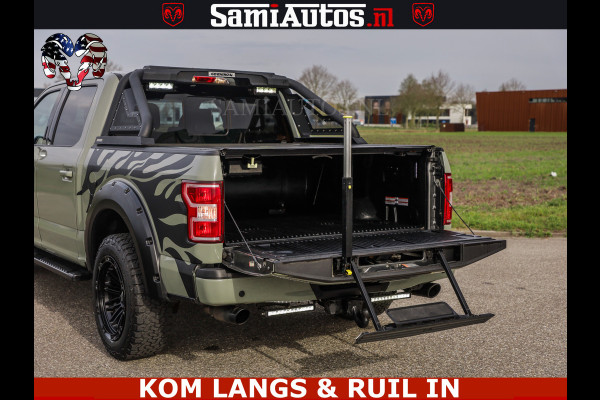 Ford USA F-150 5.0 V8 4X4 | MAT OLIVE GREEN | ZEER DIK | CAMERA | 3500KG | PANORAMA | LEDER | GO RHINO ROLLBAR | CRUISE CONTROL | PRINS LPG | BAKFLIP COVER | Deze pick-up is leverbaar met zowel een groot rijbewijs (C) als een klein rijbewijs (B). Laat ons weten wat jouw voorkeur is.