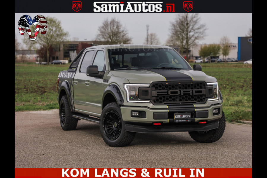 Ford USA F-150 5.0 V8 4X4 | MAT OLIVE GREEN | ZEER DIK | CAMERA | 3500KG | PANORAMA | LEDER | GO RHINO ROLLBAR | CRUISE CONTROL | PRINS LPG | BAKFLIP COVER | Deze pick-up is leverbaar met zowel een groot rijbewijs (C) als een klein rijbewijs (B). Laat ons weten wat jouw voorkeur is.