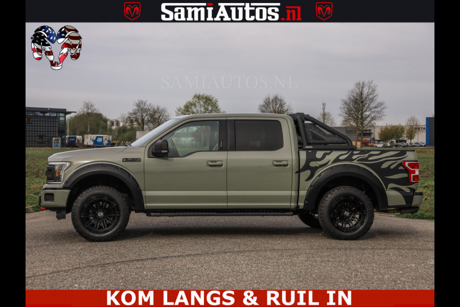 Ford USA F-150 5.0 V8 4X4 | MAT OLIVE GREEN | ZEER DIK | CAMERA | 3500KG | PANORAMA | LEDER | GO RHINO ROLLBAR | CRUISE CONTROL | PRINS LPG | BAKFLIP COVER | Deze pick-up is leverbaar met zowel een groot rijbewijs (C) als een klein rijbewijs (B). Laat ons weten wat jouw voorkeur is.