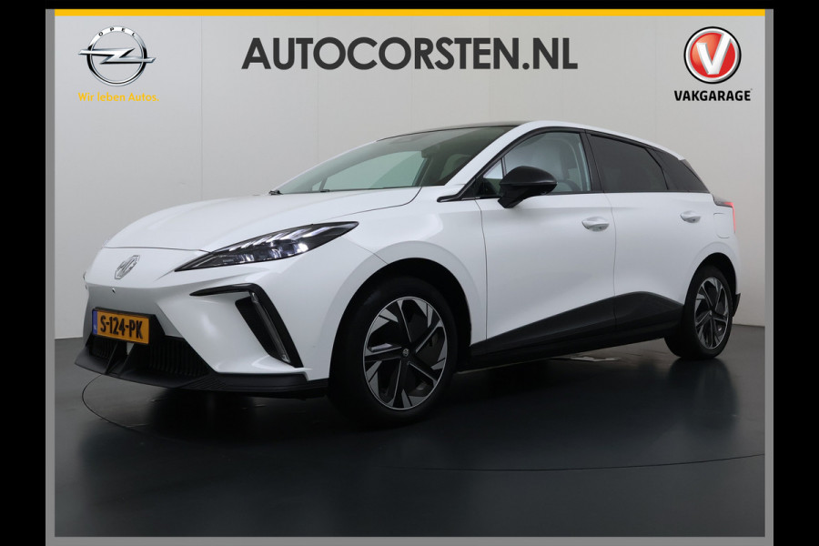 MG Mg4 electric Luxury Long Range 64kWh SOH 93% Warmtepomp Zwart Dak Trekhaak 360°Camera Navi Ecc Adap.Cruise Apple Carplay Android Auto Pdc Stoel+Stuurverwarming Privacy Glas Lmv Led DAB Isofix Dodehoek detector File assistent Rijstrooksensor 1e Eigenaar Origineel Nederlandse Auto