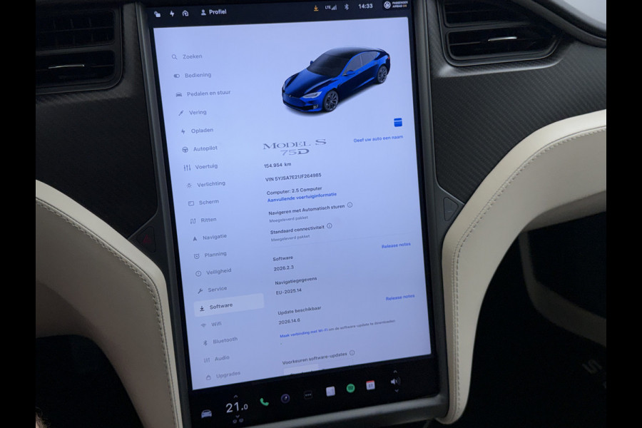 Tesla Model S 75D 476PK AWD Lmv 21" Leder Navi Ecc Panoramadak Cold Weather Pack Luchtvering Adap.Cruise Elek.Stoelen+Memory+Verwarmd Camera's Led Privacy Glas Homelink 5 Stuurverwarming Elek.Achterklep Dodehoek detector Wifi 1e Eigenaar Origineel Nederlandse Auto