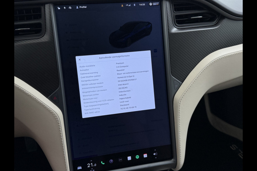 Tesla Model S 75D 476PK AWD Lmv 21" Leder Navi Ecc Panoramadak Cold Weather Pack Luchtvering Adap.Cruise Elek.Stoelen+Memory+Verwarmd Camera's Led Privacy Glas Homelink 5 Stuurverwarming Elek.Achterklep Dodehoek detector Wifi 1e Eigenaar Origineel Nederlandse Auto