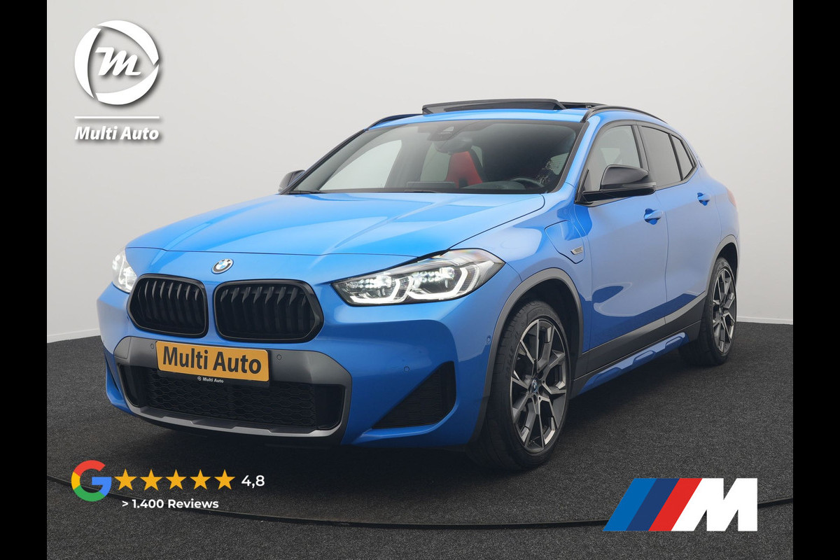 BMW X2 xDrive25e M Sport X PHEV 220pk Dealer O.H. | Trekhaak Afn. | Panodak | Adaptive Cruise | Head Up | Camera | Harman / Kardon | Lederen Competition Stoelen Memory & Verwarmd | Keyless | 19"L.M | Sfeerverlichting | Navigatie | DAB | Plug
