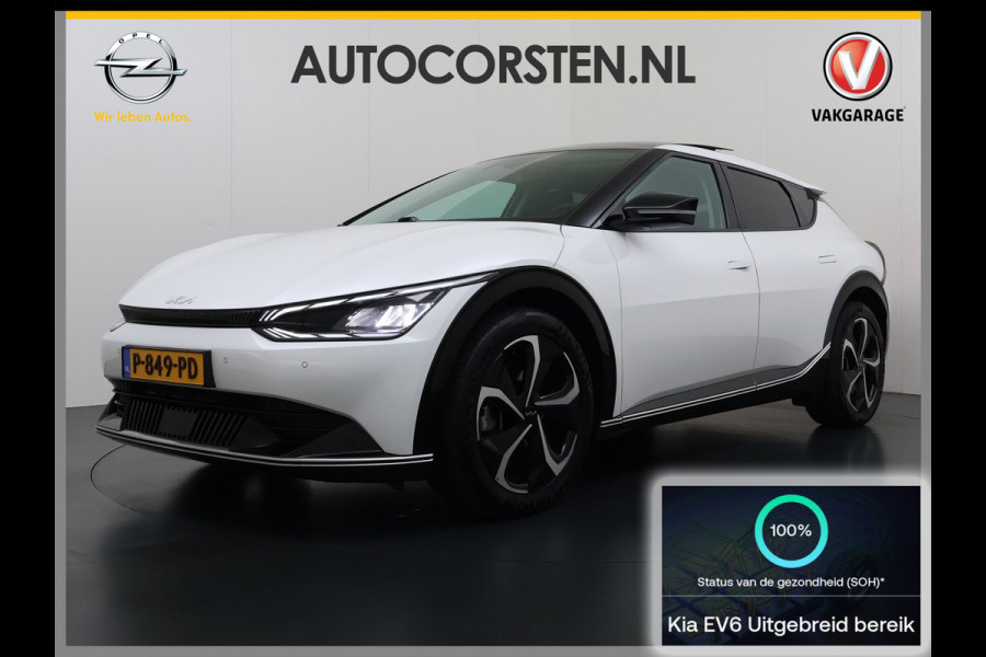 Kia Ev6 Plus Advanced 77.4 kWh Leer Schuif-kanteldak Camera Adap.Cruise Warmtepomp V2L Elektr.-Stoel-Massage+Ventilatie+Verwarmd+Memory  SOH 100% DAB Elek.Achterklep Lmv 20" Lane Assist Privacy Glas 1.600kg Trekvermogen! 1e Eigenaar Dealeronderhouden Origineel Nederlandse Auto Nieuwprijs €53.860,- snelladen tot 240 KW
