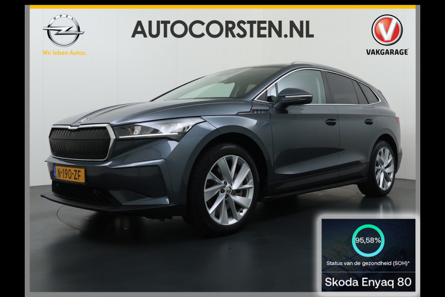Škoda ENYAQ iV 80 Trekhaak SOH 95% Warmtepomp Adap.Cruise 3-Zone Ecc 360°Camera Stuur+Stoelverwarming Navi Ecc Pdc Draadloze telefoonlader Keyless Privacy Glas Lmv Led Apple Carplay Android Auto DAB P-Assist Dodehoek detectie File Asist 1.000KG Trekgewicht Origineel Nederlandse Auto