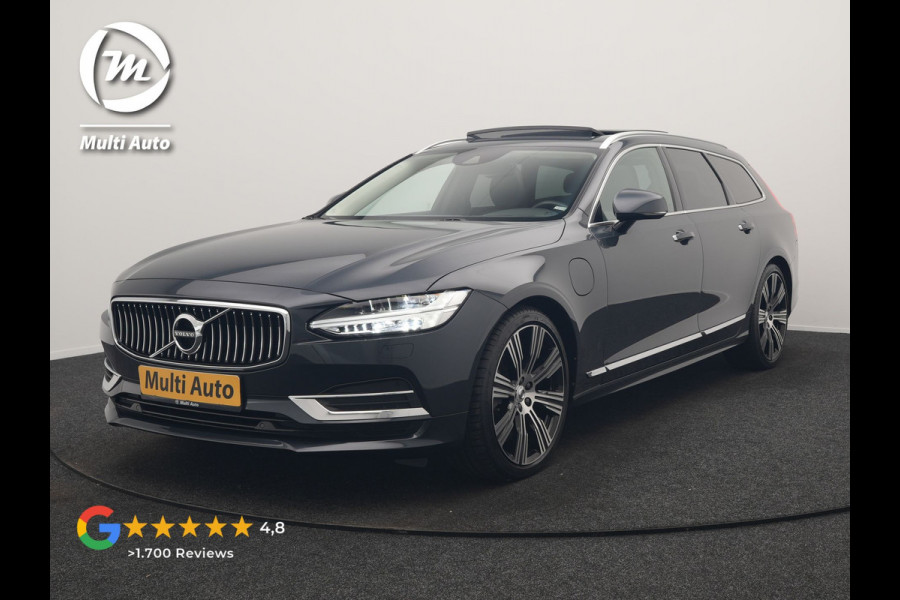 Volvo V90 T8 AWD Inscription PHEV 394pk Dealer O.H. | Trekhaak Af Fabriek | Panodak | Adaptive Cruise | Harman / Kardon | Head Up | Camera | Lederen Sportstoelen Massage & Ventilatie & Memory | Apple Carplay | Stuur Verwarmd | Blis | Plug In Hybrid |