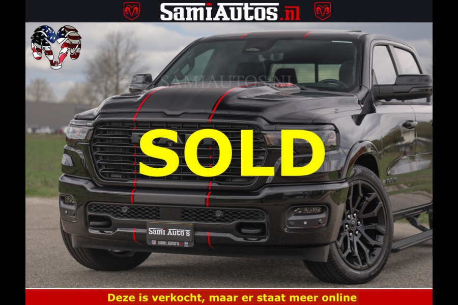 Dodge Ram NIGHT PREMIUM | 426PK | STRIPING | LUCHTVERING | HUD | PANO | 360 CAM | Full Option | LIMITED WHEELS | De Meest Luxe Pick-Up in  Comfortabele Dubbele Cabine met Royale 5 Zitplaatsen | EERSTE EIGENAAR | SMOKE PACK | BOM VOL |