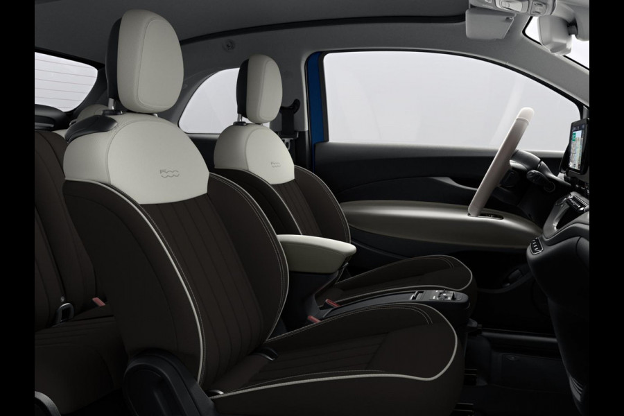 Fiat 500E Cabrio La Prima 42 kWh | Clima | LED | PDC | JBL Premium Audio | 17" | Camera | BSM | Canneloni Ivory/Piombo interieur