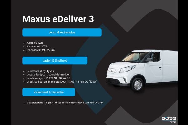 Maxus EDELIVER 3 50 kWh 122PK Nieuw! L1 SWB Elektrisch 50kWh 227km WLTP Carplay Touchscreen scherm Camera Parkeersensoren