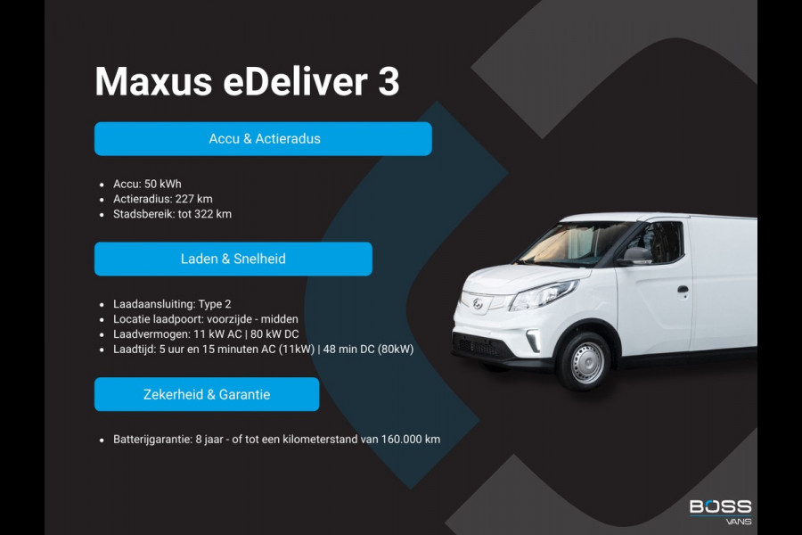 Maxus EDELIVER 3 50 kWh 122PK Nieuw! L1 SWB Elektrisch 50kWh 227km WLTP Carplay Touchscreen scherm Camera Parkeersensoren