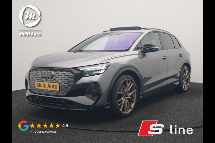 Audi Q4 e-tron 50 Quattro Edition One 2x S Line 77 kWh 300pk Dealer O.H. | Panodak | Head Up | Adaptive Cruise | Matrix LED | Camera | Lederen Sportstoelen Memory & Verwarmd | Keyless | Apple Carplay | Blis | DAB | 21"L.M |