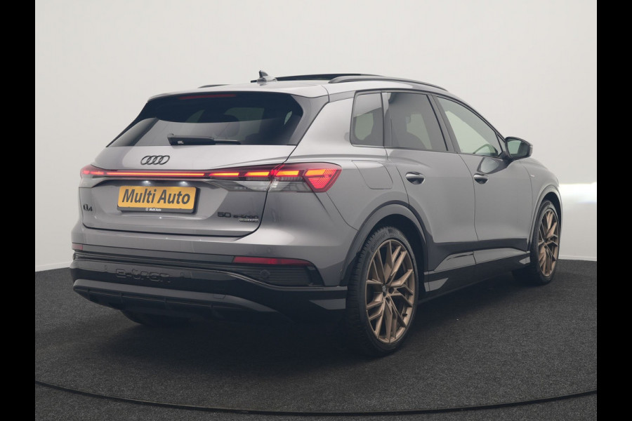 Audi Q4 e-tron 50 Quattro Edition One 2x S Line 77 kWh 300pk Dealer O.H. | Panodak | Head Up | Adaptive Cruise | Matrix LED | Camera | Lederen Sportstoelen Memory & Verwarmd | Keyless | Apple Carplay | Blis | DAB | 21"L.M |