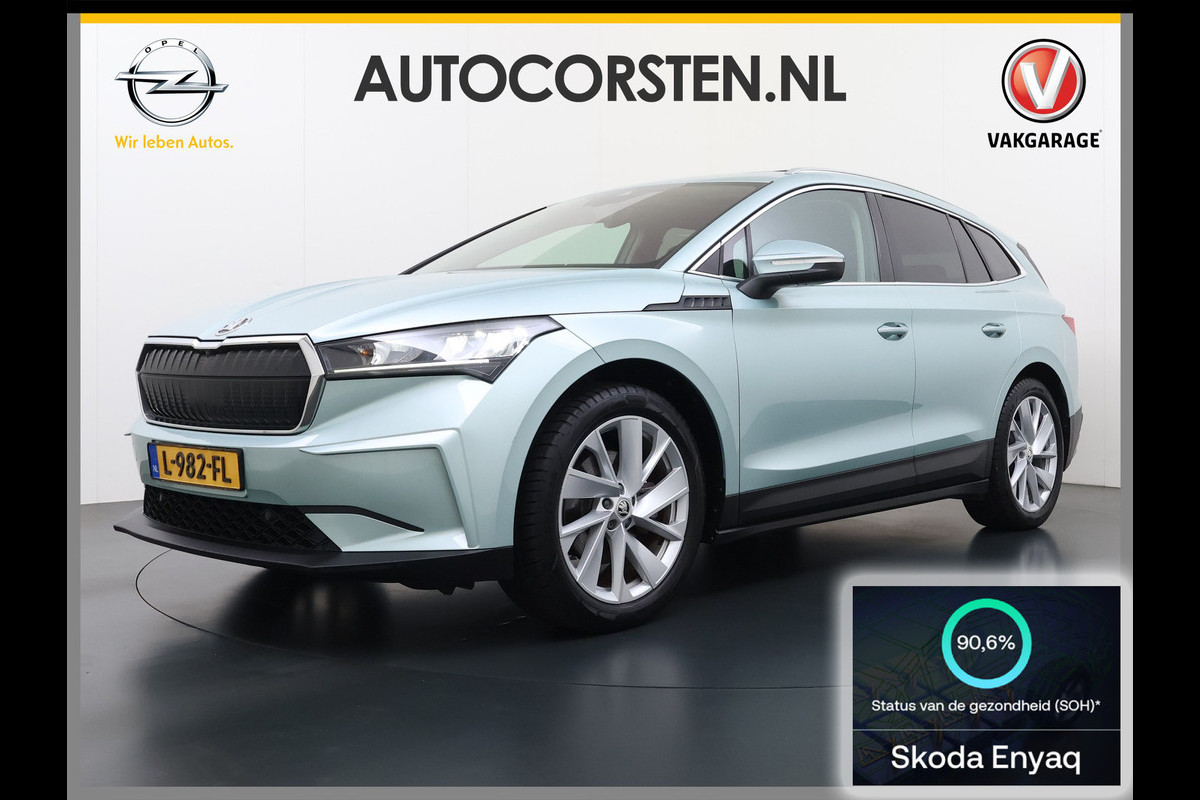 Škoda ENYAQ iV 60 Panoramadak Leder Stuur+Stoel+Achterbankverwarming 3-Zone Ecc Navi Apple Carplay Android Auto Draadloze Telefoonlader SOH 90.6% Elek.Achterklep Privacy Glas Lmv 20" Led Pdc Isofix DAB Lane Assist Dealeronderhouden Origineel Nederlandse Auto Zeer Compleet
