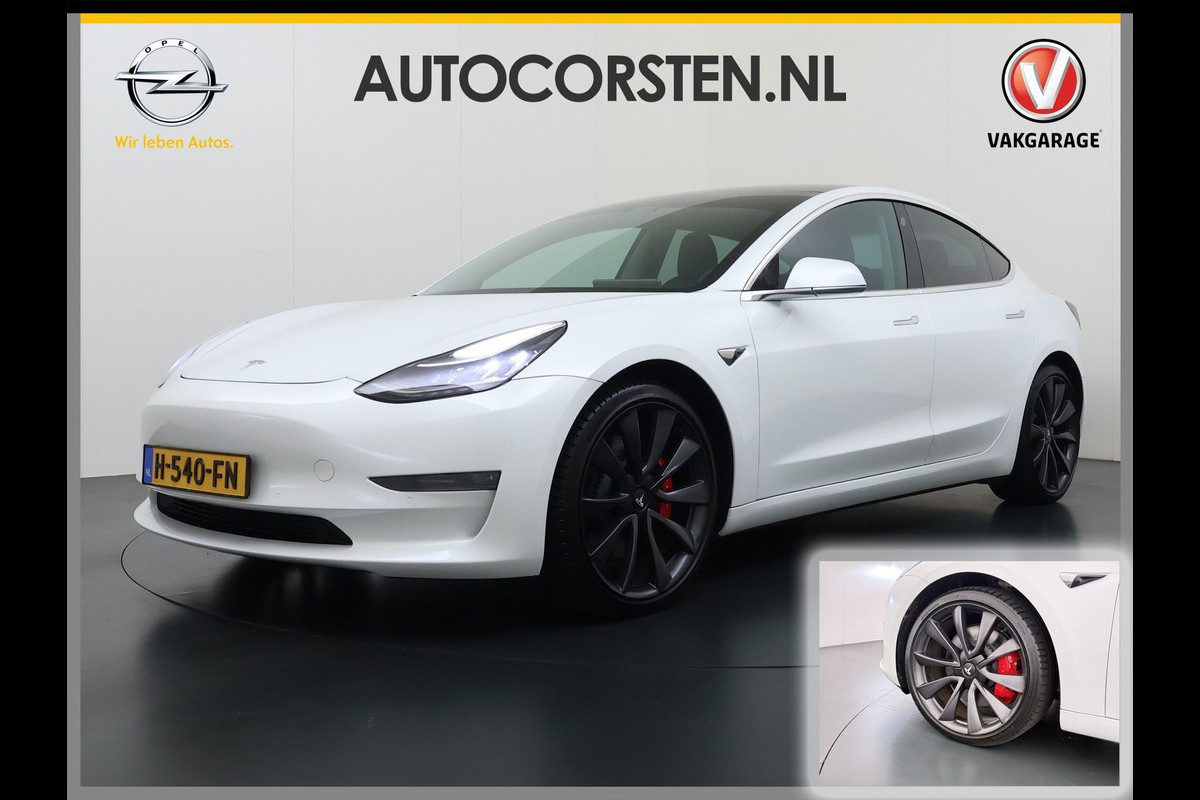 Tesla Model 3 Performance 513PK AWD **FSD** Panoramadak Navi Camera's Leder Stoelverwarming Navi Ecc Adap.Cruise Pdc Led Lmv 20" Google-Maps Elek.Stoelen+Memory Remote App Bediening Premium Audio