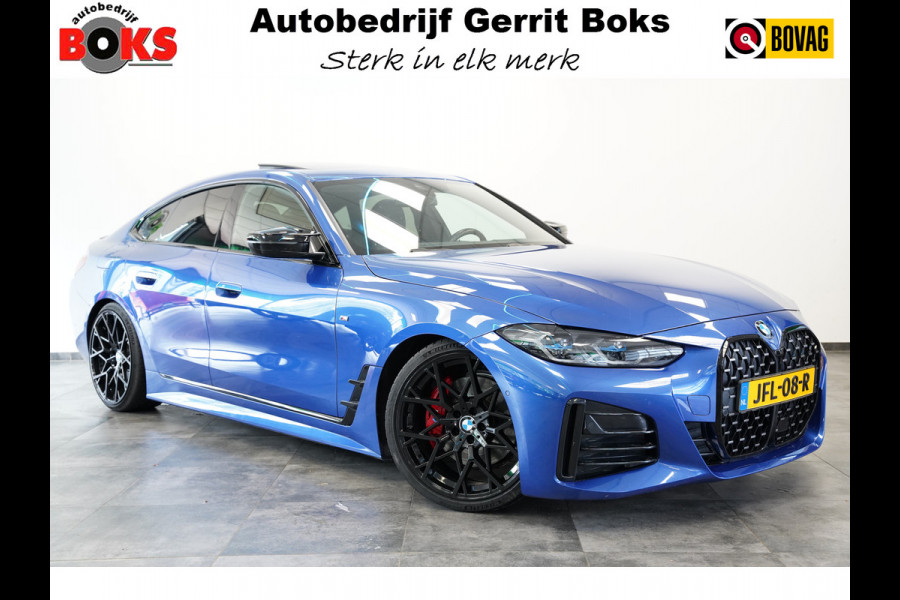 BMW 4 Serie Gran Coupé M440i xDrive High Executive ACC Opendak Wide Screen Head-up H&K Trekhaak Carbon Laser Light Portimao Blue!