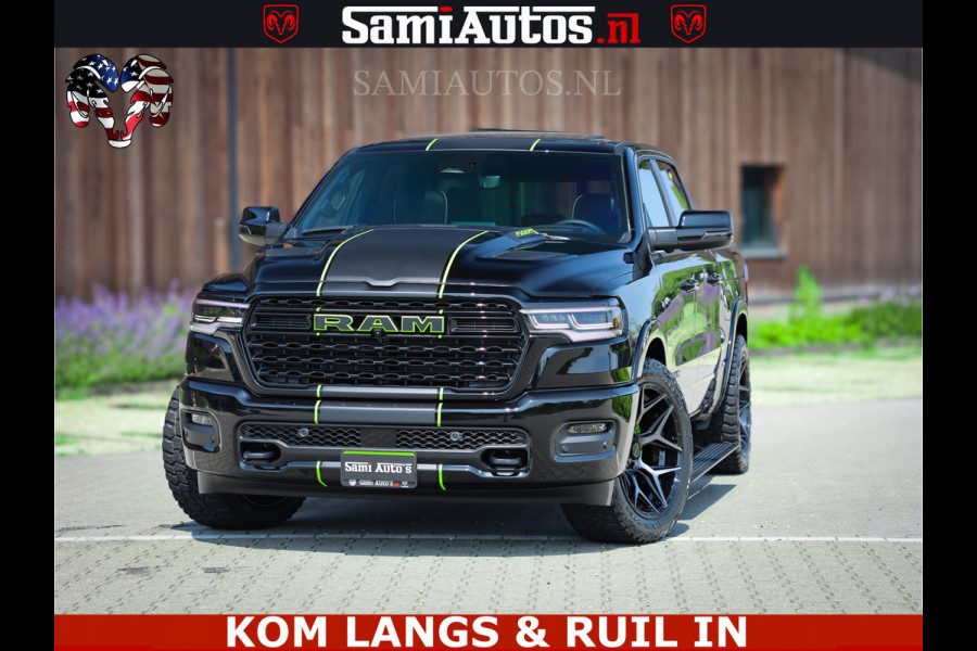 Dodge Ram Limited Night High Output 540HP 706Nm | Massage + Full Option | De Meest Luxe en Volle Pick-Up in zijn Klasse | Comfortabele Dubbele Cabine met Royale 5 Zitplaatsen | BPM vrij | Nu Leverbaar uit Voorraad | Voorraad Nr 2300 - 7689 | De specialist in Amerikaanse pick‑ups in Nederland en Europa.