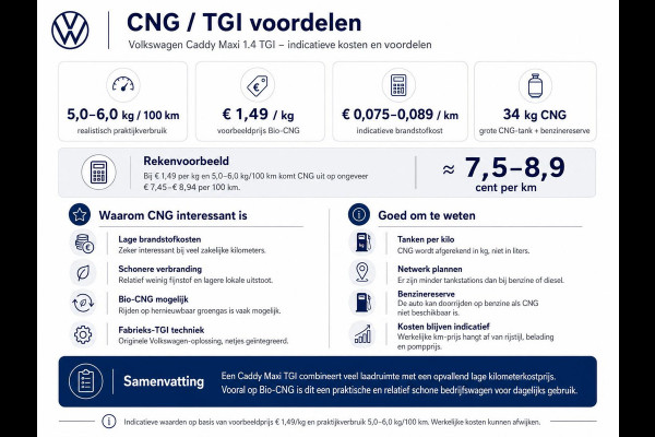 Volkswagen Caddy 1.4 TGI L2H1 EcoFuel Maxi Comfortline Airco Cruise PDC Verwarmbare voorruit Comfortstoelen Alarm Bluetooth Schuifdeur