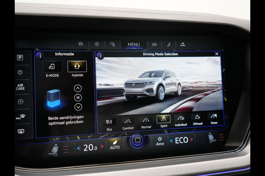 Volkswagen Touareg 3.0 TSi eHybrid 4MOTION PHEV 381pk Dealer O.H | Luchtvering | Trekhaak Af Fabriek | Panodak | Adaptive Cruise | Matrix LED | Lederen Sportstoelen Memory & Verwarmd | Keyless | Apple Carplay | Virtual | Navigatie | DAB | 21"L.M | Plug In Hybrid |