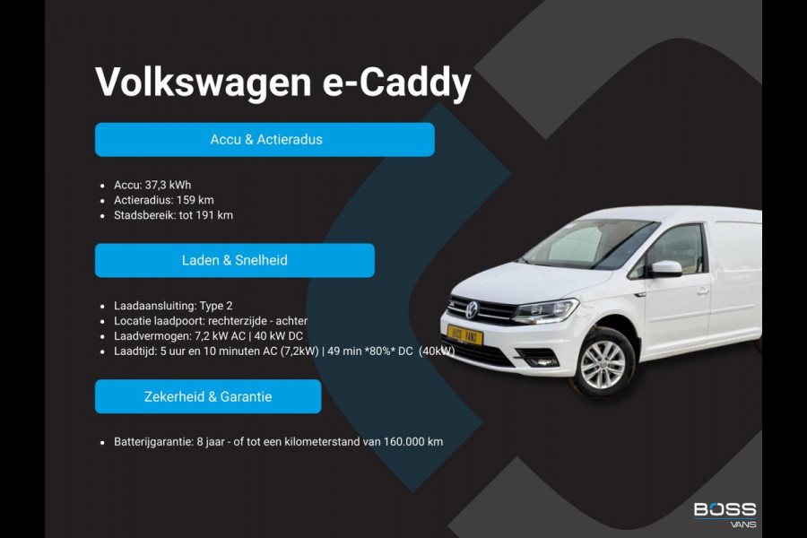 Volkswagen E-Caddy 37kWh 113PK L2 Elektrisch Caddy ABT Maxi 37,3kWh 159km WLTP LED Snelladen Trekhaak Airco Carplay Parkeersensoren Achter