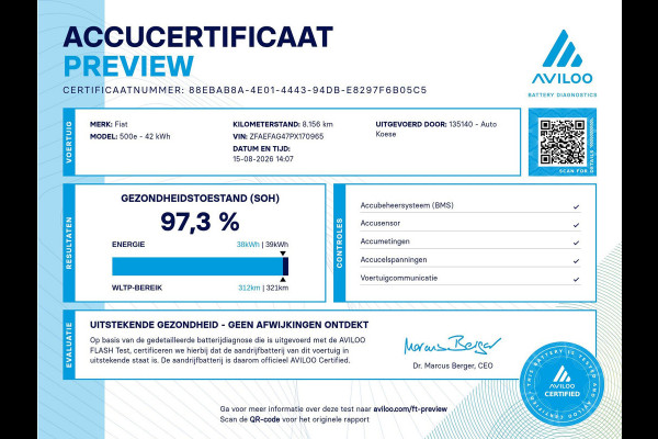 Fiat 500C Icon 42 kWh | 97,3% SOH | Convenience Pack | Camera | Dodehoekdetectie | Stoelverwarming