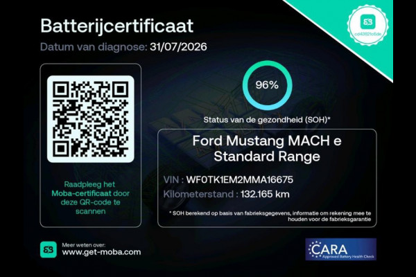 Ford Mustang Mach-E RWD 75 kWh|96% SOH|440 KM WLTP|VOLLEDER|STOEL+STUURVERWARMING|ACC|APPLE CARPLAY|CAMERA|NAP|NL-AUTO|INCL.BTW|