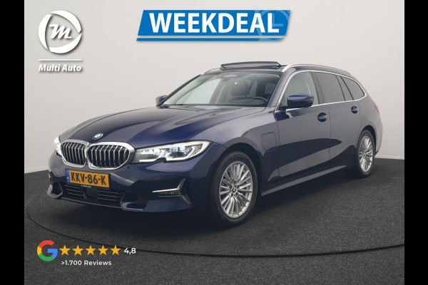 BMW 3 Serie Touring 330e Luxury Line PHEV 293pk Dealer O.H. | Trekhaak Af Fabriek | Panodak | Head Up | Adaptive Cruise | Laser LED | Camera | Lederen Comfortstoelen Verwarmd | Sfeerverlichting | Keyless | Blis | Apple Carplay | Navigatie | DAB | Plug In Hybrid |