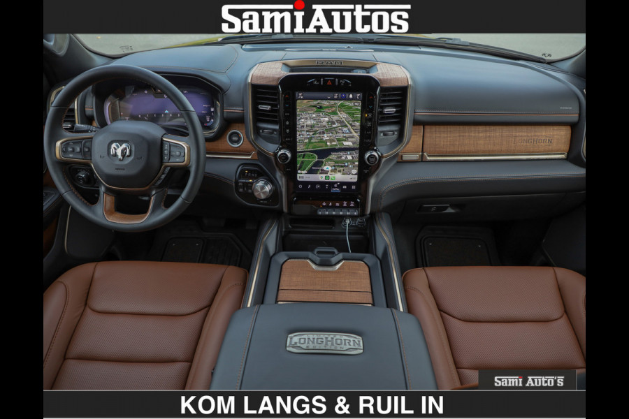 Dodge Ram LONGHORN BRUIN LEDER 5,7L V8 HEMI | VIRTUAL | HEAD UP | PANODAK | LUCHTVERING | BOM VOL | DC | 402 PK | CREW CAB | DUBBELE CABINE | 4X4 | 5 PERSOONS | GRIJSKENTEKEN | LIMITED