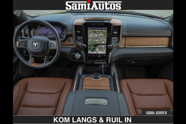 Dodge Ram LONGHORN BRUIN LEDER 5,7L V8 HEMI | VIRTUAL | HEAD UP | PANODAK | LUCHTVERING | BOM VOL | DC | 402 PK | CREW CAB | DUBBELE CABINE | 4X4 | 5 PERSOONS | GRIJSKENTEKEN | LIMITED