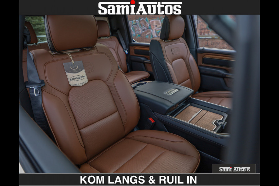 Dodge Ram LONGHORN BRUIN LEDER 5,7L V8 HEMI | VIRTUAL | HEAD UP | PANODAK | LUCHTVERING | BOM VOL | DC | 402 PK | CREW CAB | DUBBELE CABINE | 4X4 | 5 PERSOONS | GRIJSKENTEKEN | LIMITED